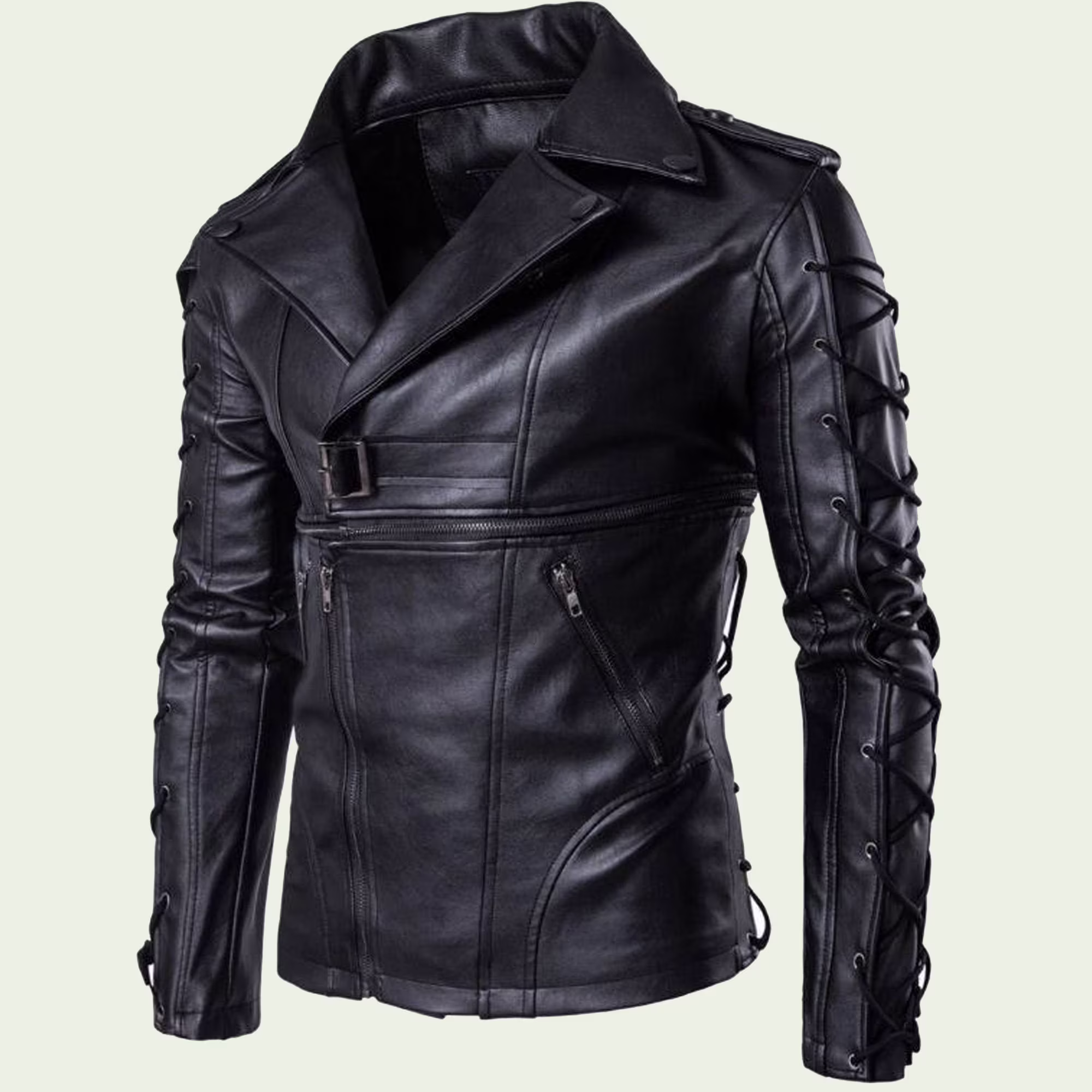 Men Motorcycle Jacket Lapel Collar Punk Leather Lace Up Sleeves, Black Leather Jacket