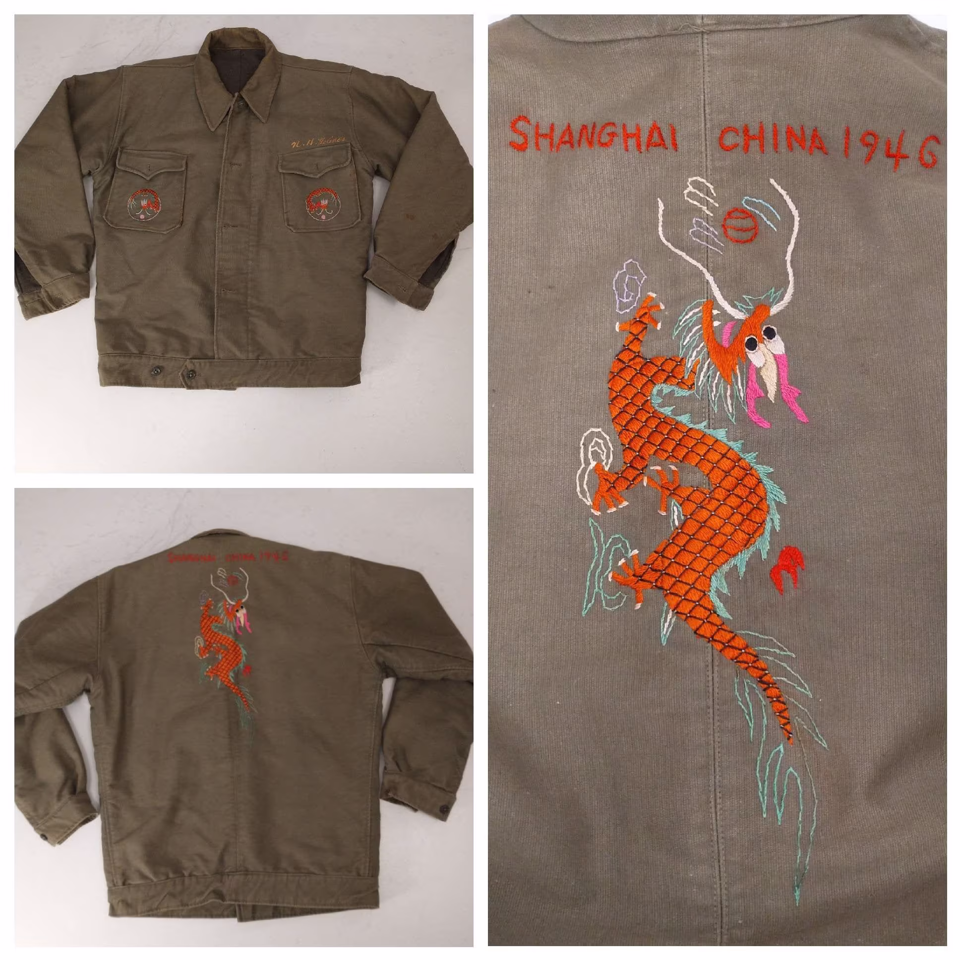 1946 Military Jacket Embroidered Shanghai China W Colorful Dragons Us Drab Canvas Rare Forties Vintage Piece Named