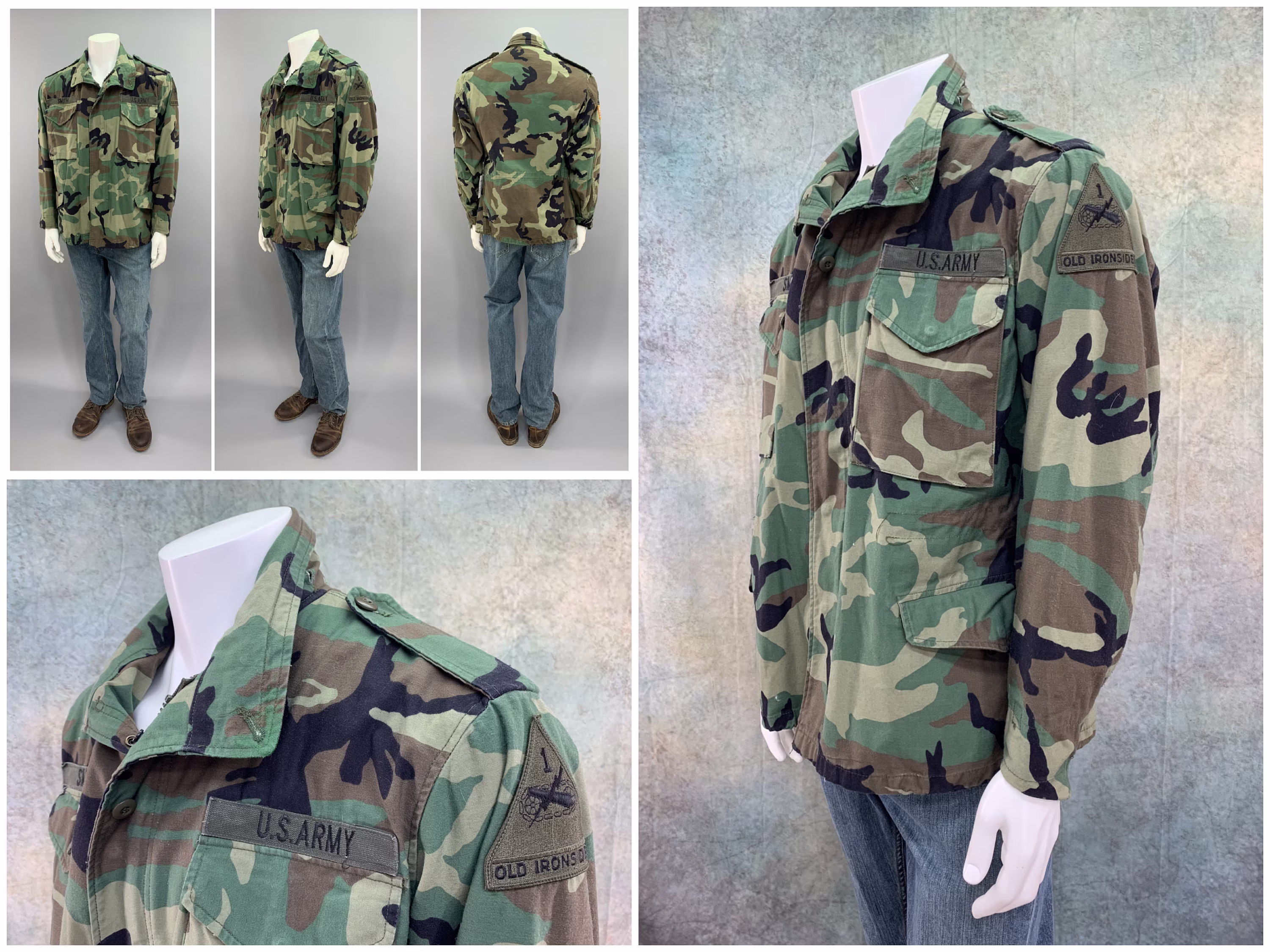 Us Army 1st Armored Division Old Ironsides Field Jacket, 1990S Vintage Woodland Camo Camouflage Pattern, Mens Size L 446