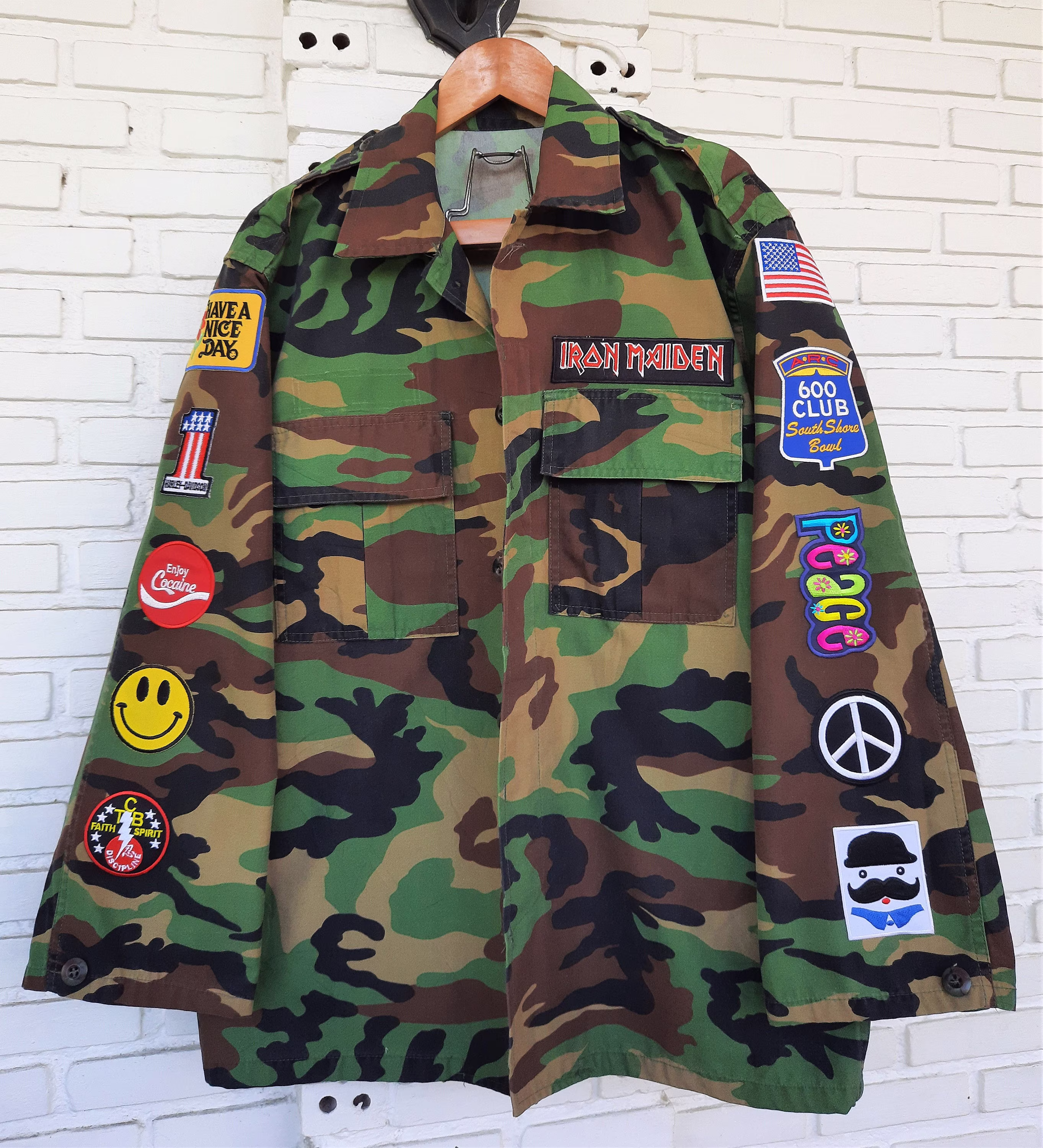 Upcycled Camo Jacket With Patches/Reworked Vintage Men Size L Unisex Adult