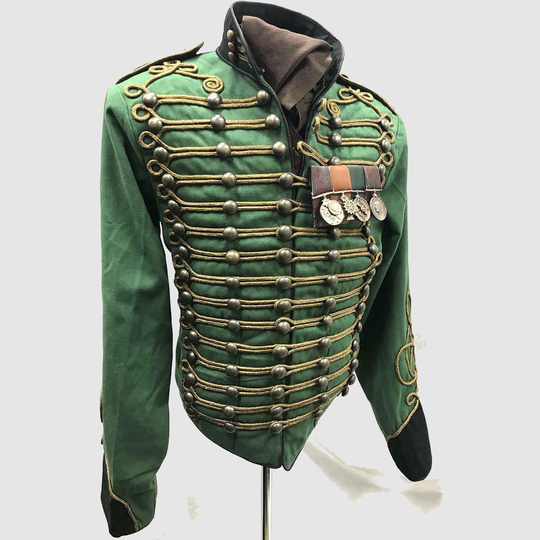 Men's Military Hussar in Distressed Green Black Front Antique Gold Braiding, Fashion Jacket