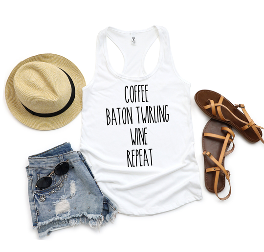Coffee Baton Twirling Wine Repeat Racerback Tank | Gift For Twirler Marching Band Majorette Christmas Birthday