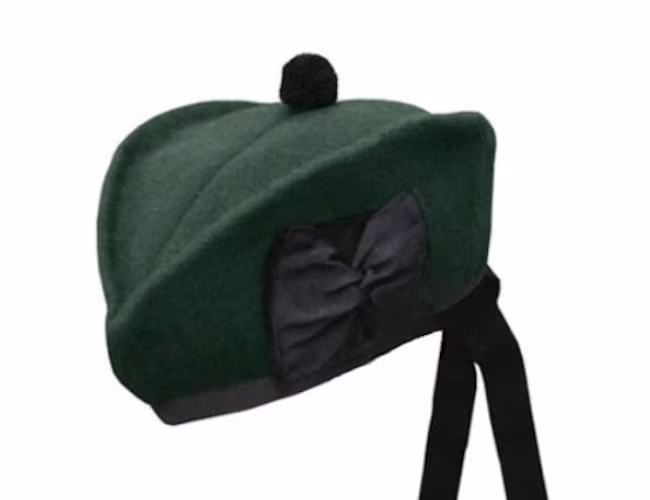 Scottish Piper Plain Green Glengarry Cap With Red Pompom