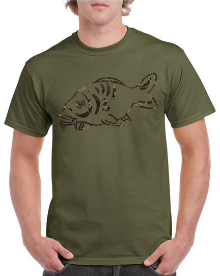 Large Carp Fish - Fishing T Shirt With Camouflage Heat Press Vinyl Logo Ideal Gift For Fisherman Or Enthusiast