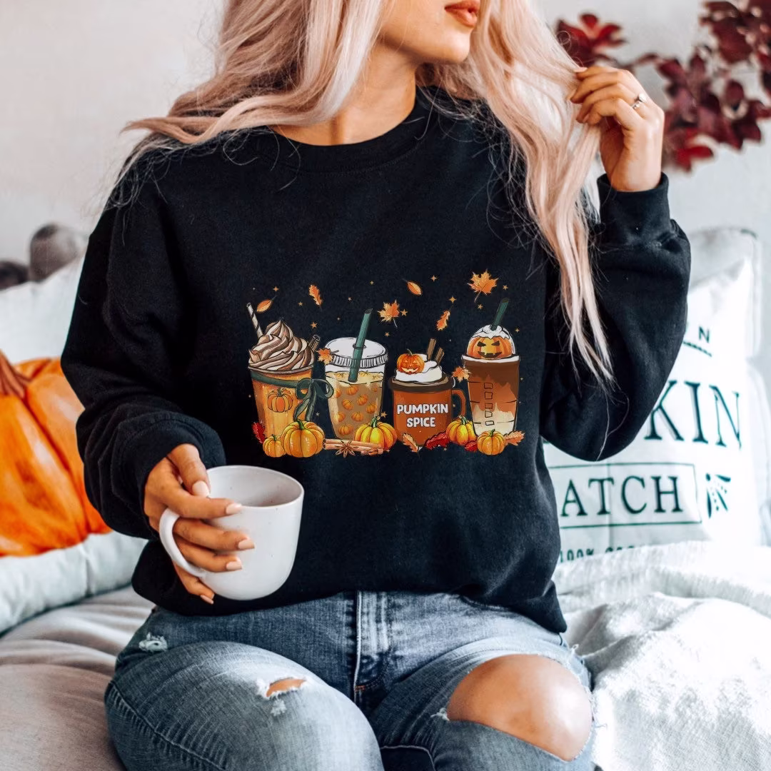 Fall Coffee Shirt. Cute Sweatshirt. Lover Tee Halloween Pumpkin Latte Drink Cup. Spice Thanksgiving