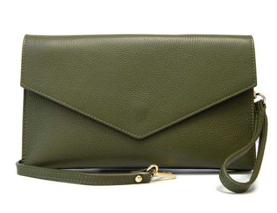 Olive Leather Clutch Bag, Envelope Style Handbag, Wedding Purse, Green Wrist Slim Underarm Evening Bag