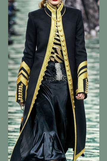 Christmas Black Wool Fashion Long Coat Gold Braid Military Full Length Front Braid, Ladies Hussar Jacket