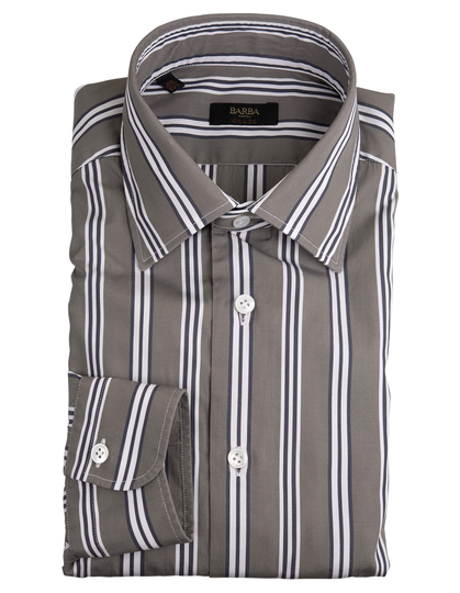 Barba Napoli Man Military Green Cotton Shirt With Black And White Stripes Pattern