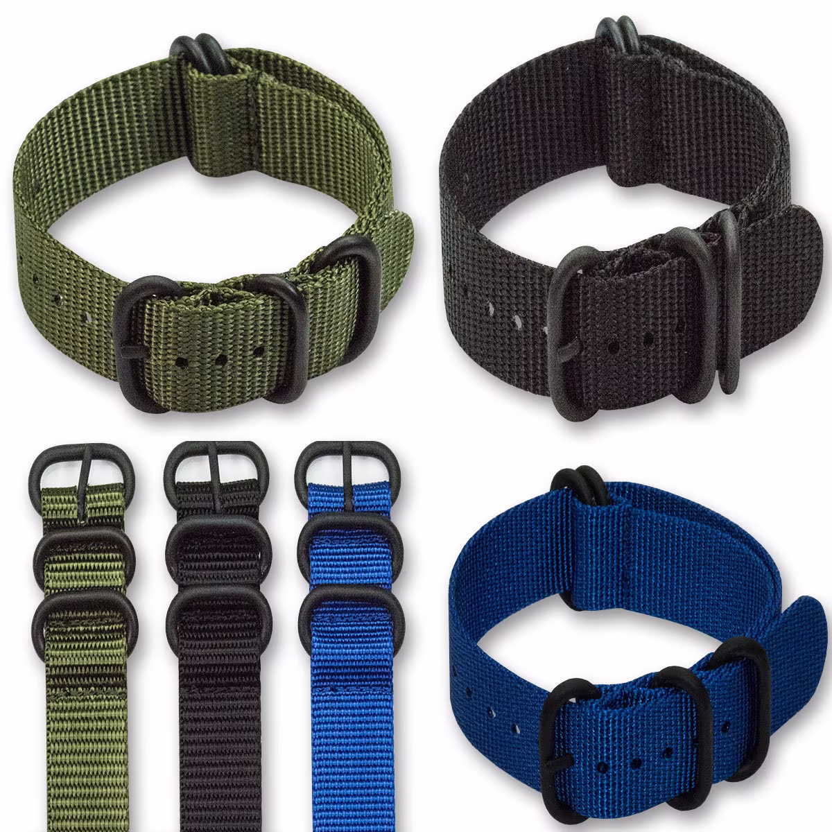 Black Buckle Zulu Tough Military Watch Strap Mens Nylon 20mm 22mm 24mm Khaki