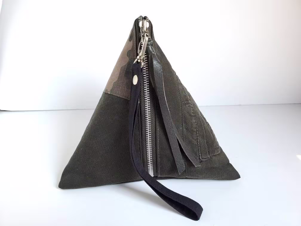 Pyramid Bag. Camouflage Army Canvas Purse. Triangle Upcycled Wristlet. Green Shoulder