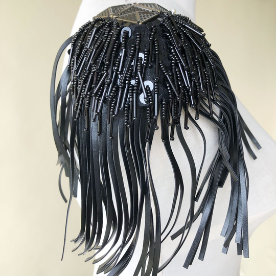 Punk Costume Uniform Shoulder Badge Mirror Pair Beaded Black Tassel Chain Epaulet Embellishment