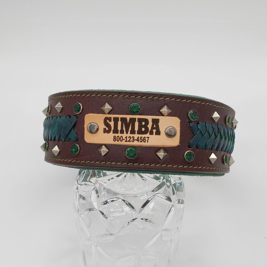 Blazingpaws Mariner 2 Inch Wide Personalized Leather Dog Collar For Large Dogs, Crystal Braided Soft Padded With Name, Doberman