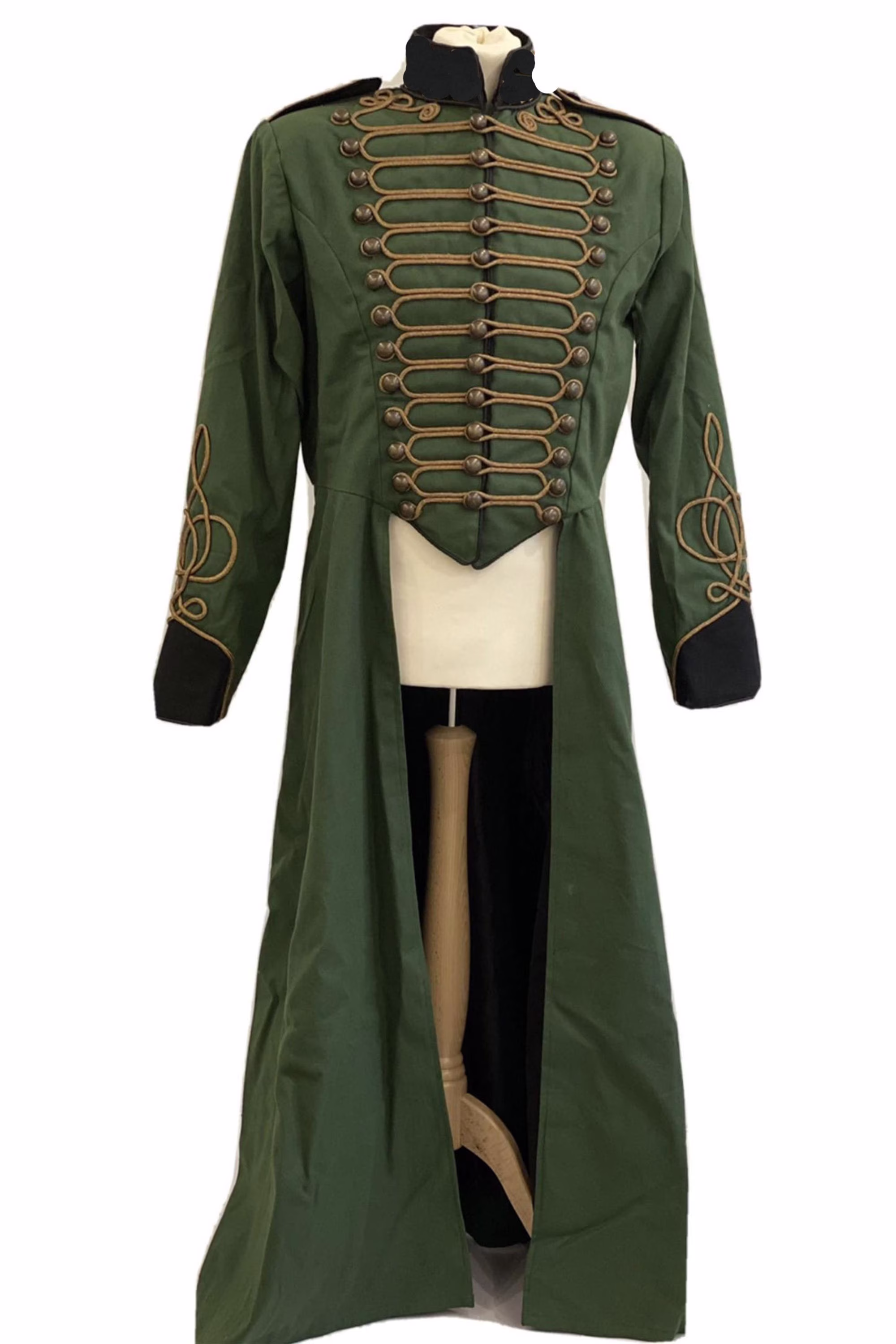 New Men's Steampunk Green Military Full Length Coat Front Gold Braids Expedited Shipping