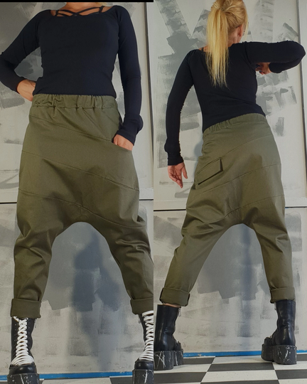 Extravagant Pants, Women Harem Pants, Avant Garde Trousers, Green Gothic Casual Urban Loose