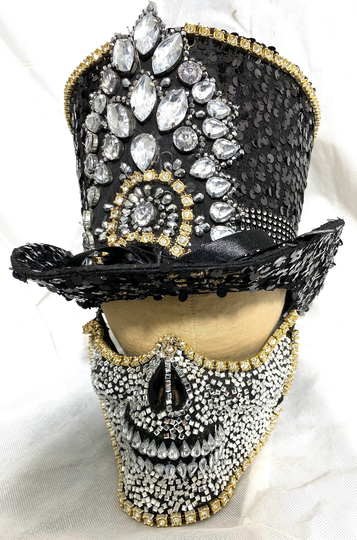 2 Pcs Black Sequins Top Hat & Half Face Mask With Jewels Details in Sizes 55cm Mask One Size