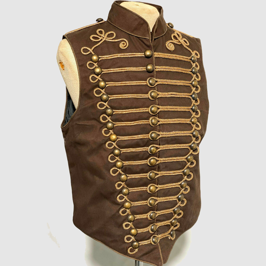 Men's Military in Natural Brown With Golden Braiding Hussar Waistcoat, Fashion Vest