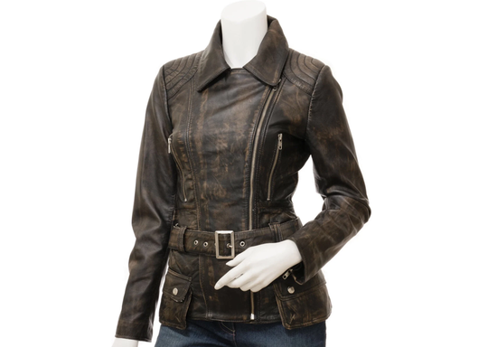 Distressed Brown Womens Motorcycle Jacket Side Pockets Style Military Look Genuine Sheep Leather Biker Slim Fit Coat