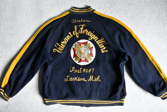 Vtg 60S Veterans Of Foreign Wars V.f.w. Blue & Yellow Wool Chain Stitched Military Jacket Coat Americana Large 44/46