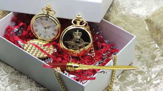 Personalised Raf 24K Clad Gold Pocket Watch & Desk Top Letter Opener in Luxury Box With Certificate Royal Air Force Crested Gift Set