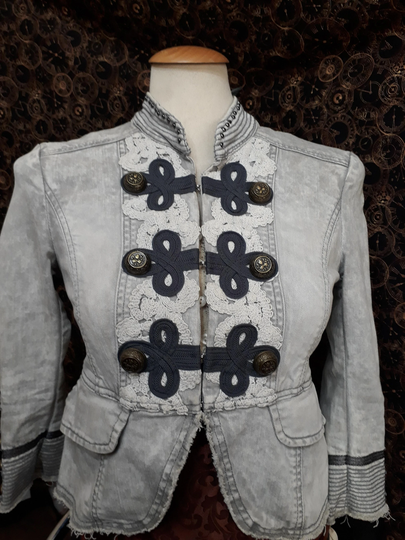 Beautiful Military Jacket UK Size 10 Denim With Layered Brocade Steampunk Lovely Big Detailed Bronze Buttons