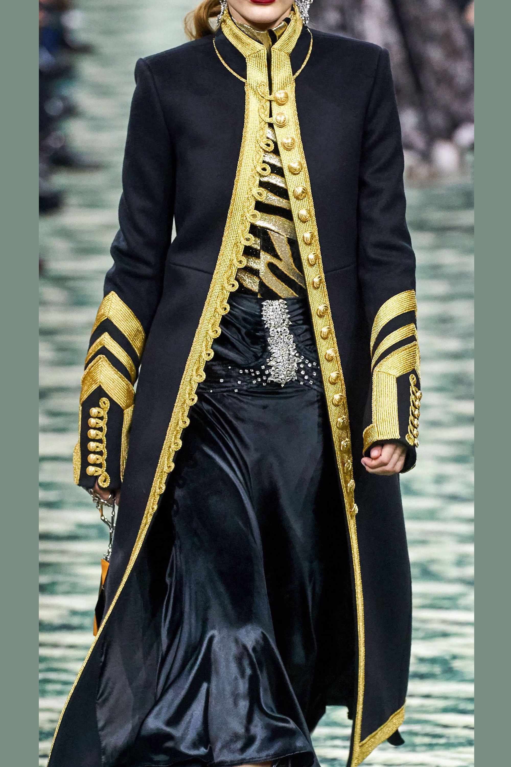 New Women Custom Black Paco Rabanne Paris Fashion Long Coat Gold Braid Military Full Length Front Braids With Expedited Shipping