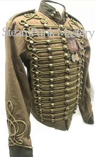 Men's Military Army Distressed Brown Hussar Jacket With Antique Gold Cord Braiding in Chest S/40", M/42", L/44" & Xl/46