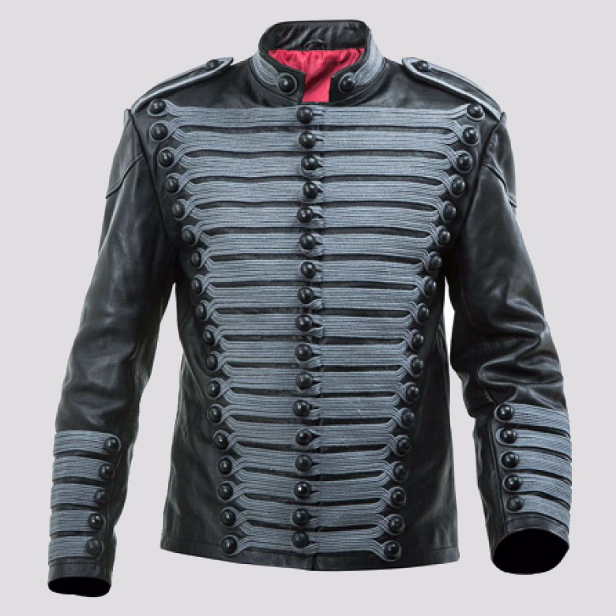 Leather Hussars Jacket With Grey Braiding - Steampunk Military Uniform Leather Hussar Jacket