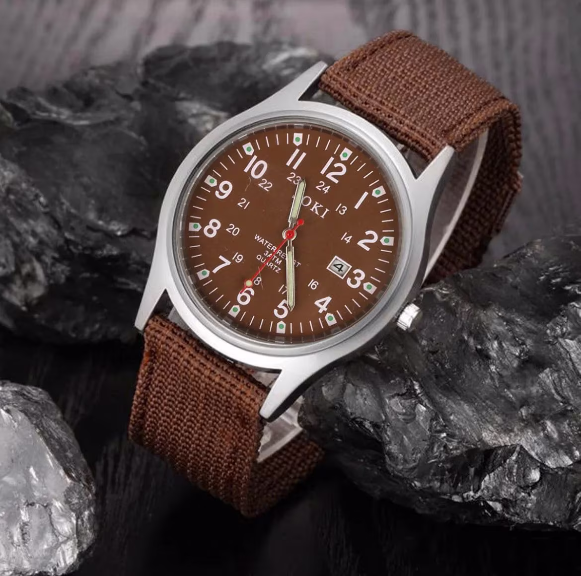UK Military Army Mens Date Canvas Strap Analog Quartz Sport Wrist Watch Brown Black Luminous Green
