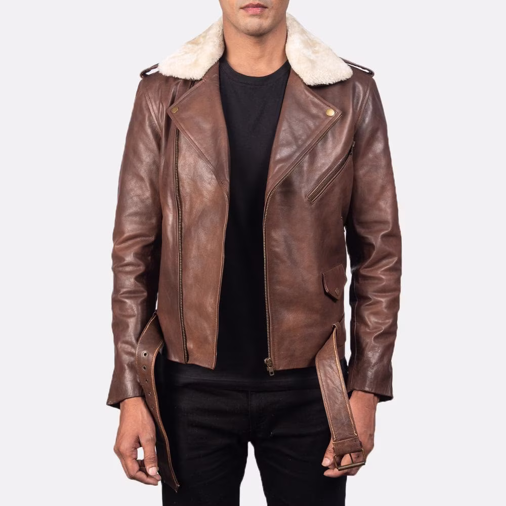 Military Brown Wax Genuine Cowhide Leather Biker Bomber Coat Men's Jacket