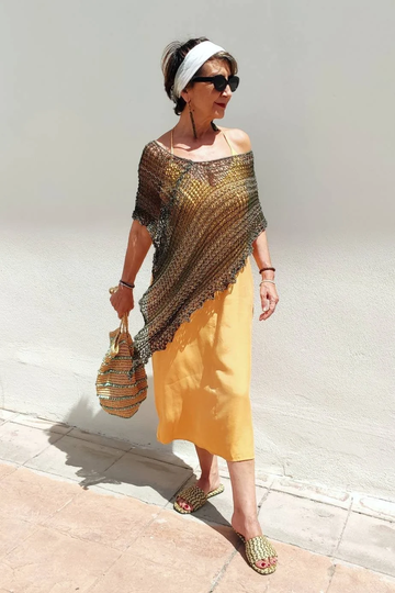 Sheer Khaki Boho Poncho, Military Green, Vegan Cotton Hippie Chic Knit Beach Cover Up, Women Poncho