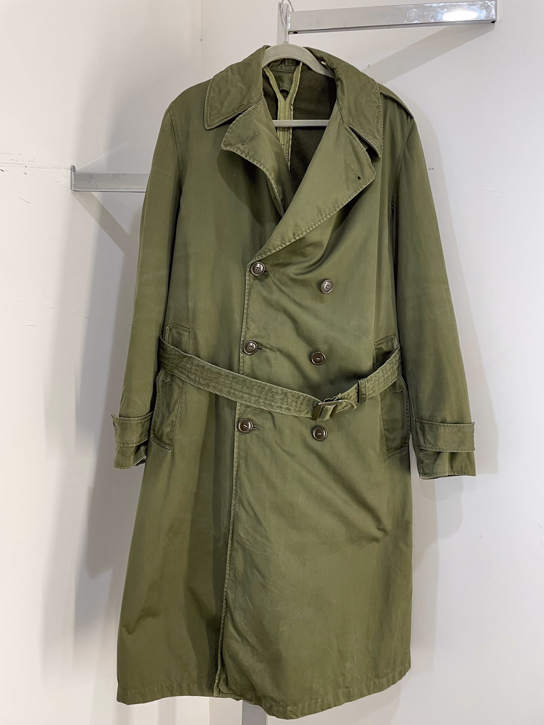 1950S Us Military Overcoat Sun Faded Green With Wool Lining/Long Medium
