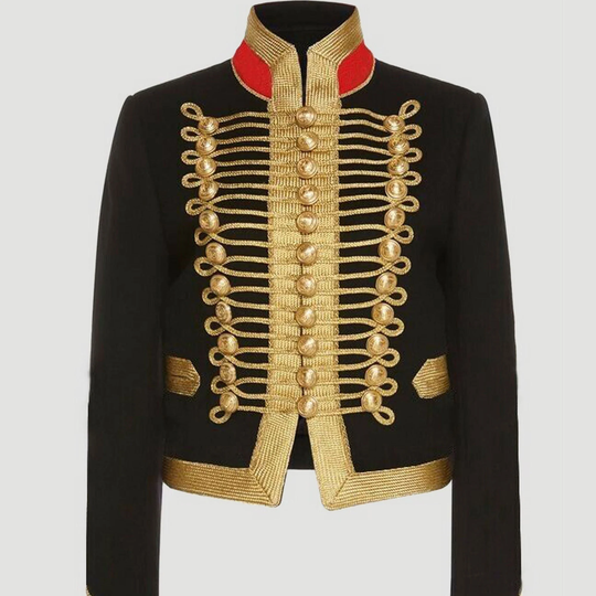 New Blazer Ladies Black Wool Military Jacket Officer Hussar Commander Coat, Fashion Braids Expedited Shipping