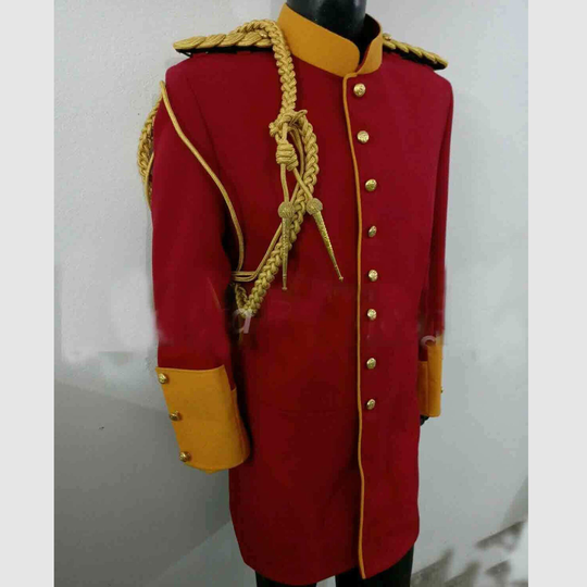 New Men Napoleonic Prussian Dragoon Officers Coat Military Jacket - Steampunk Uniform Leather Hussar Jacket, Red