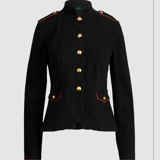 Men Women's Black Military Peplum Epaulet Denim Jacket, Women Hussar Jacket, Made To Order Ladies Army Jacket