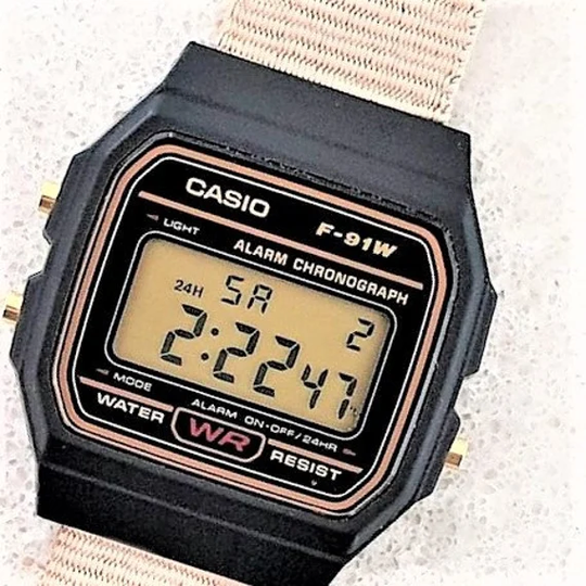 Modified Casio F-91 Watch With Khaki Nylon Strap | Gold Detail Dial. Select Your Own Screen Colour, 8 Colours To Choose From