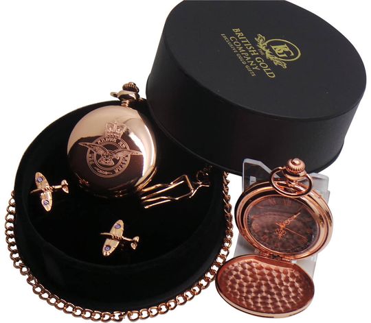 Raf Rose Gold Pocket Watch & Spitfire Aircraft Cufflinks Luxury Gift Case Personalised Engraved Crest Royal Air Force Military Set