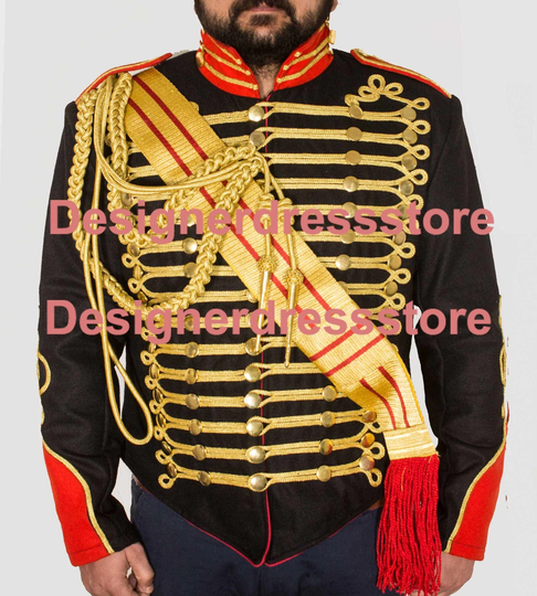 Men's Black Jacket Ceremonial Hussar Officers With Aiguillette & Sash, Mens Fashion Military Style Jacket, General Sash Jacket