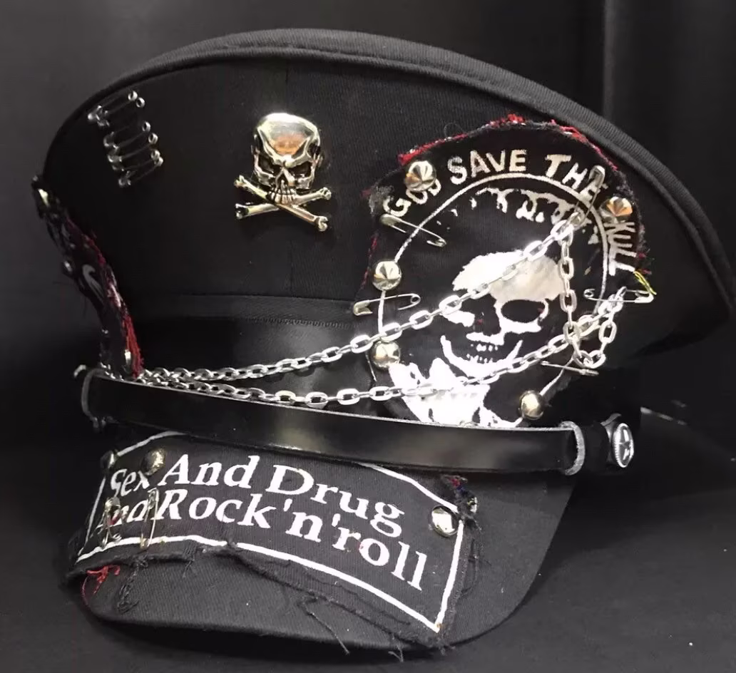 Industrial Punk, Gothic Punk Black Wool Military Hat With Studded & Prints Badges in 57, 58, 59
