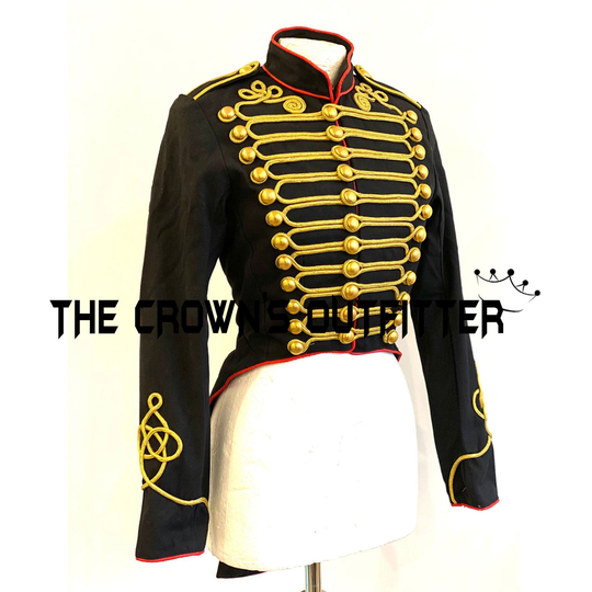 New Steampunk Women Ring Master Hussar Black & Red Tailcoat Style Jacket Military Full Length Coat Front Gold Braids Expedited Shipping