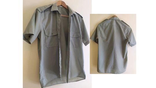 A Khaki Military Shirt Button Downs With Shoulder Straps & Short Sleeves Cotton 00S Vintage Clothing Unisex Clothes Made in Greece