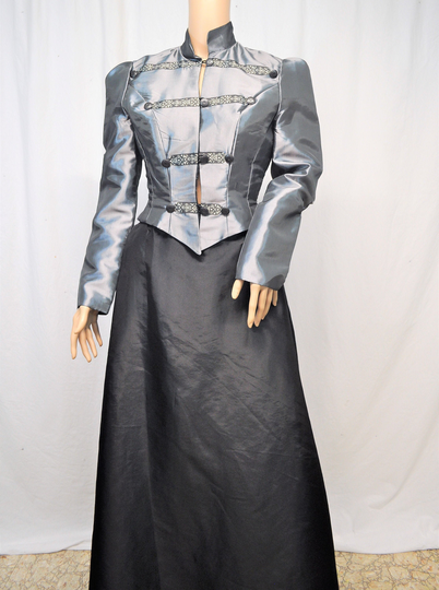 steampunk Cosplay Or Historical Re-Enactment Jacket in Pewter Gray Taffeta With Ribbon & Button Trim