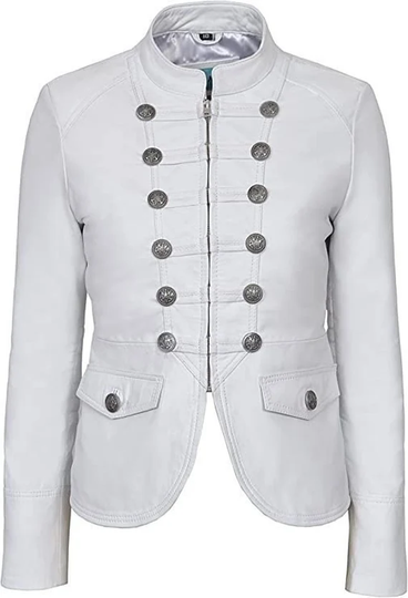 Victory Ladies White Military Parade Style Soft Real Leather Jacket Padded Cropped Women's Sheepskin Short Length Coat