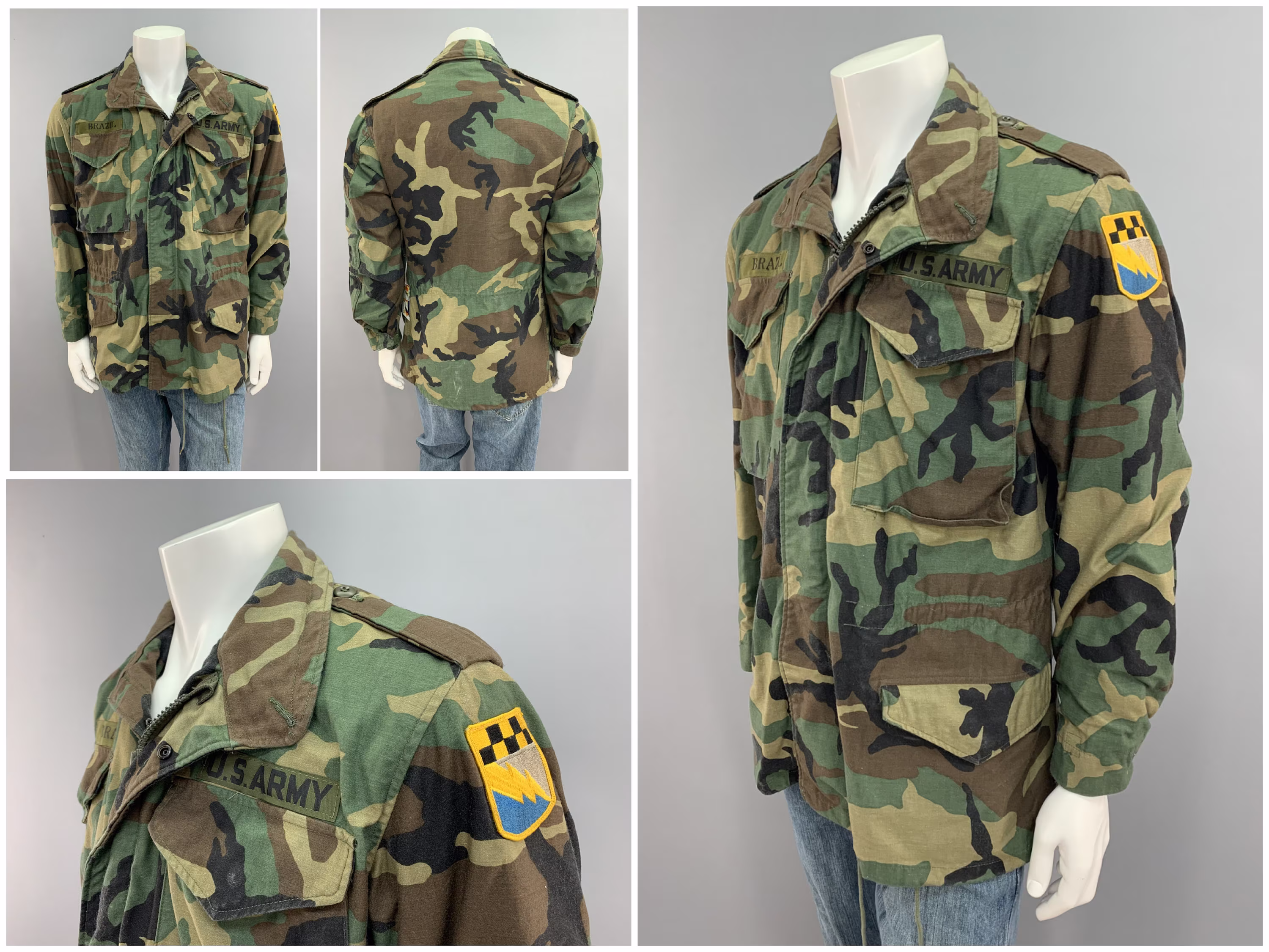 Us Army 525Th Expeditionary Military Intelligence Brigade Field Jacket, 1980S Vintage Woodland Camo Camouflage Pattern Mens Size Small/Reg