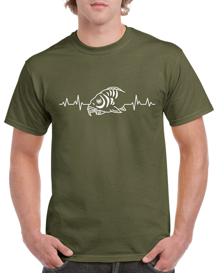 Carp Fishing Heartbeat. Logo T Shirt in Black Or Green With Your Choice Of Coloured Ideal Gift For Fisherman