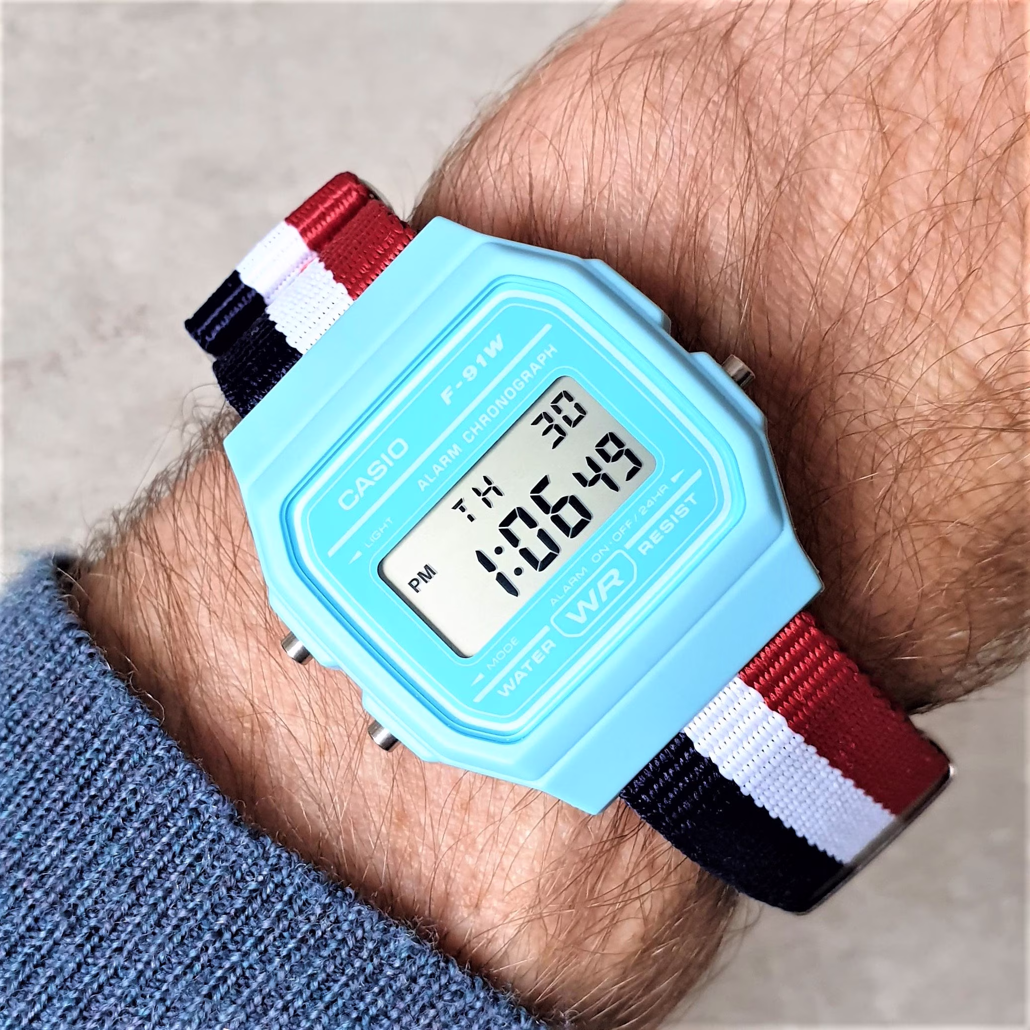 Casio Watch | Light Blue On Grey & White Snow Camo Nylon Strap, The Royal Bird
