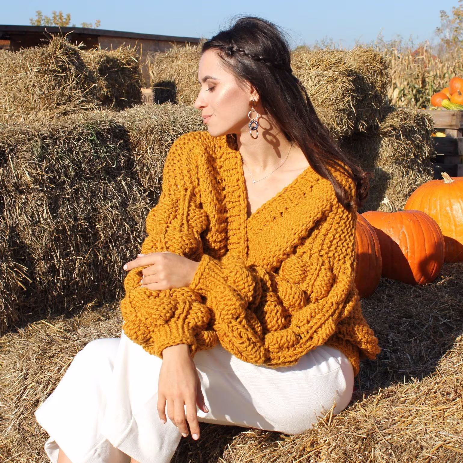 Orange Bomber Jacket Chunky Knit Cardigan Gray Kimono Bubble Sweater Crochet