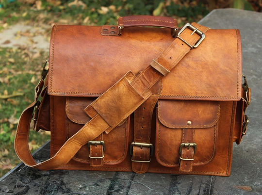 Genuine Brown Leather Messenger Shoulder Laptop Briefcase Rustic Vintage Bag Handmade UK Free Delivery