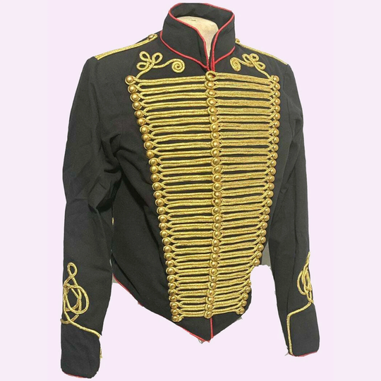 New Men's Ceremonial Hussar Black Military Jacket Gold Braiding, Fashion