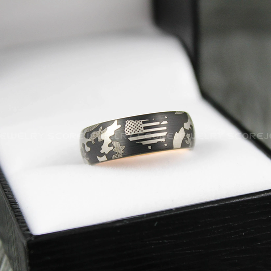 Camo Ring, Camouflage Army Military Black Band, Tungsten Wedding Ring