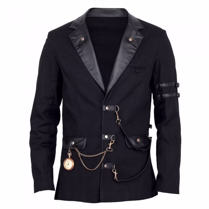 Mens Military Black Jacket, Vintage Gothic Coat With Leather Collar, Mens Fashion Jacket, Golden Watch Is Not Included in Price